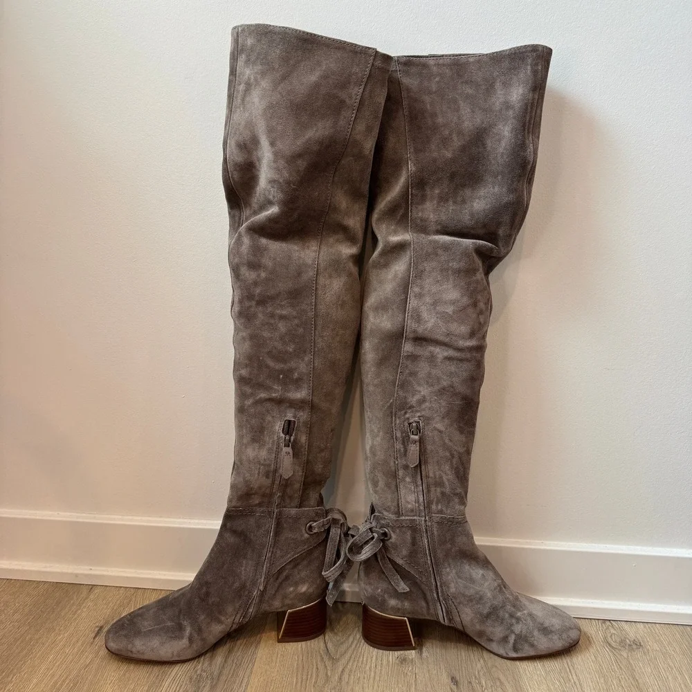 Tory Burch Laila Suede Over-The-Knee Boots Gray Suede Designer Logo Bows 8.5 EUC